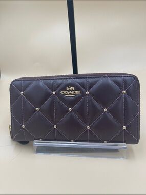 Coach Quilted Zip-Around Wallet in Plum with Gold Studs